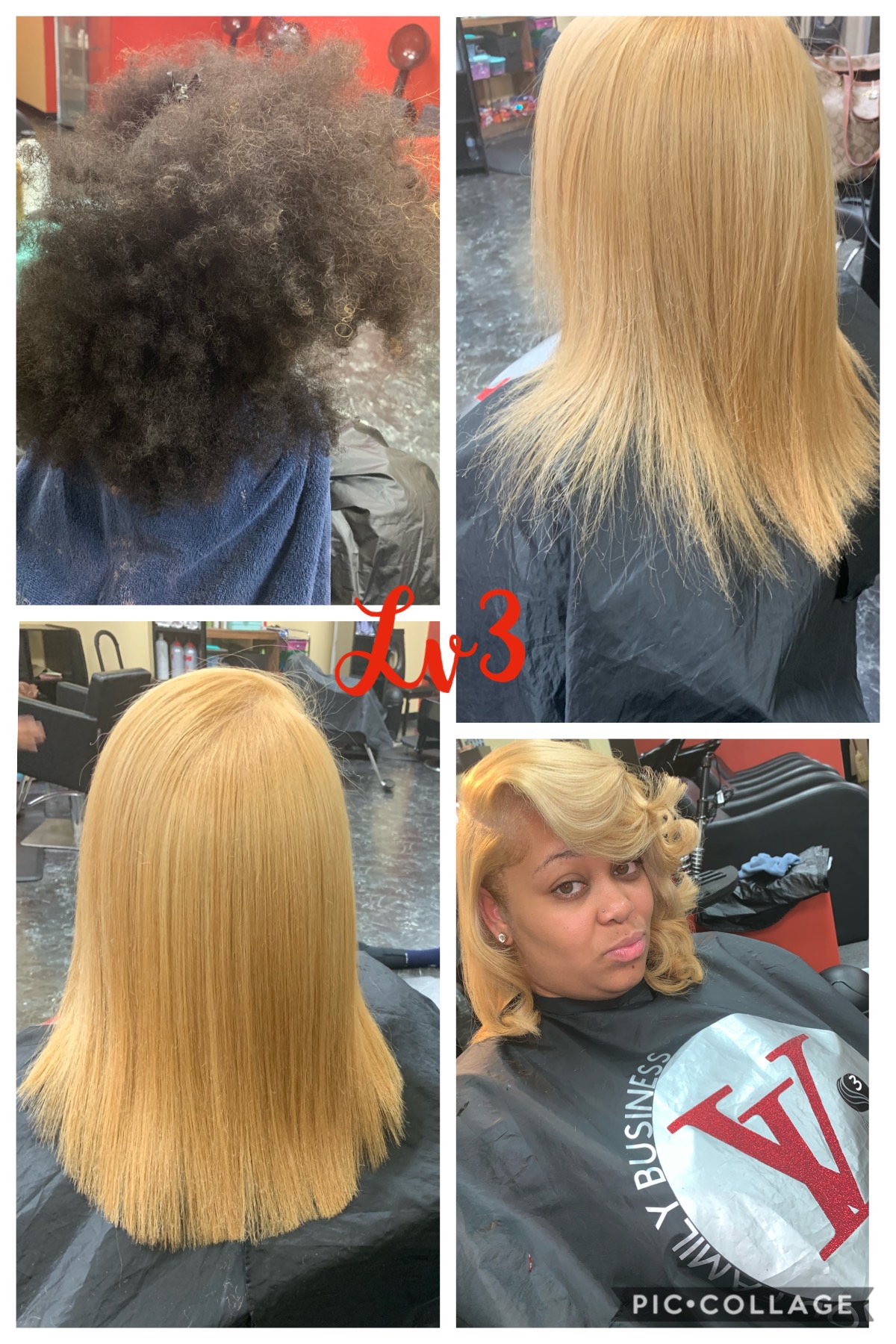 Before-and-after blonde color transformation at Level 3 Salon