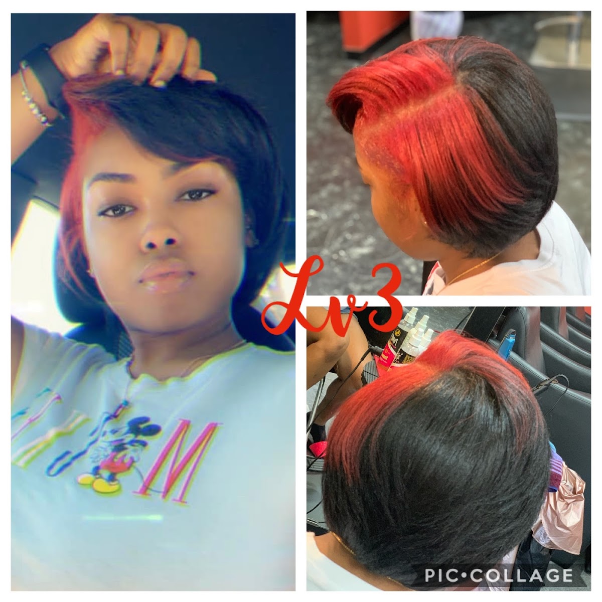 Vibrant red color bob styled at Level 3 Salon